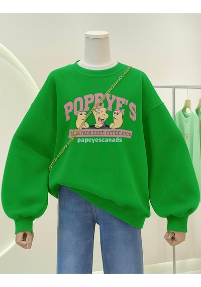 Benroma 3 İplik Penye Popeyes Baskılı Unisex Sweatshırt Yeşil