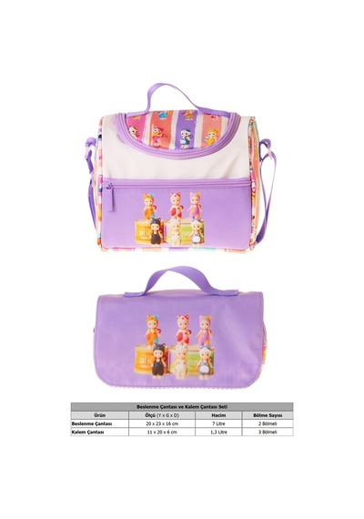 Kaukko Kids Kız Çocuk Cat Life Baskılı Mor - Krem Thermo Beslenme Çantası Ve Kalemlik Seti - Setkk-l5314