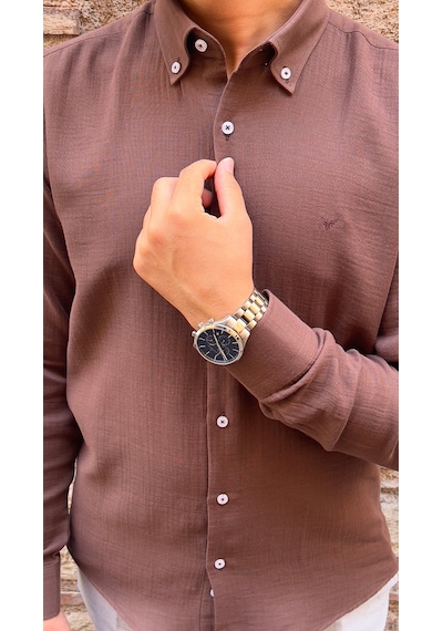 Slim Fit Uzun Kol Müslin Pamuk Rahat Nefes Alabilen Kumaştan Yaka Düğmeli Hediye Kutulu Erkek Gömlek Fs-004202 - Kahverengi-2866