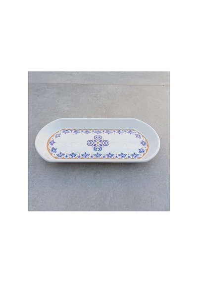 Ottoman 3 Adet Seramik Orta Boy Oval Kayık Kahvaltı Sunum Tabağı - 12,5x25,5cm Mavi
