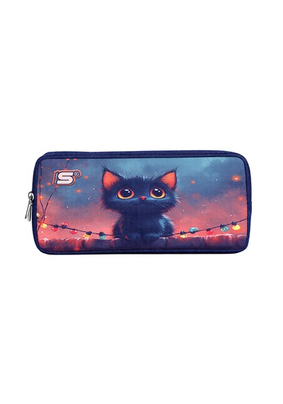 Sevimli Kedi Işıklı Gece Desenli Çift Bölmeli Kalemlik Lacivert