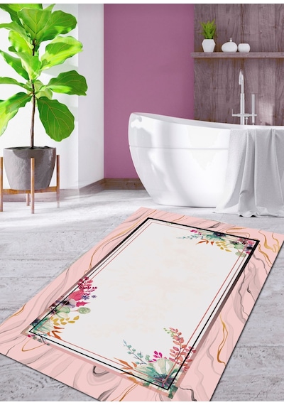 Pembe Çiçekler, 70X120 Kaymaz, Dökülmez, Pamuk Taban Banyo Halısı Çok Renkli