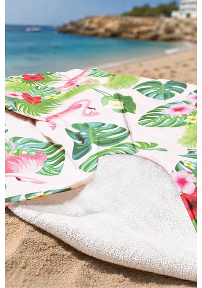 Flamingo Tropikal Yapraklı Plaj Havlusu - Pembe Yeşil Bohem Yazlık Hızlı Kuruyan Mikrofiber Havlu Kumlu Yosun