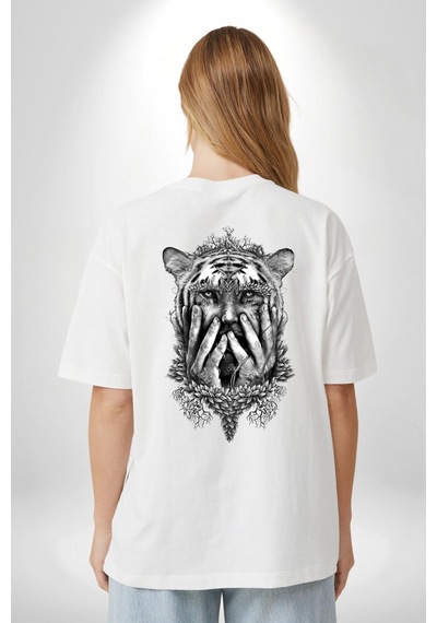 Yarım İnsan Yarım Leopar Mutant Leopar Kral Beyaz Oversize Unisex Ön Ve Sırt Baskılı Tişört Beyaz