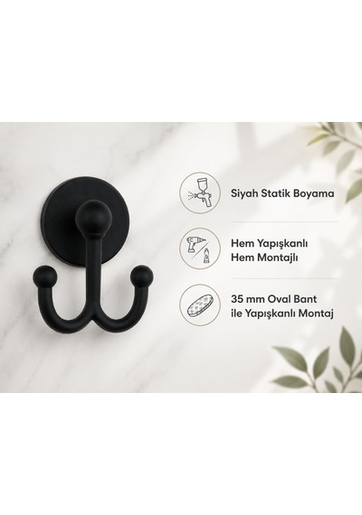 Lotus Siyah Çiftli Lüx Bornoz Ve Havlu Askılığı, Yapışkanlı Ve Vidalı Montajlı Duvar Askısı, Mat Siyah Statik Boyama, 35 Mm Oval Bantlı Banyo Askısı