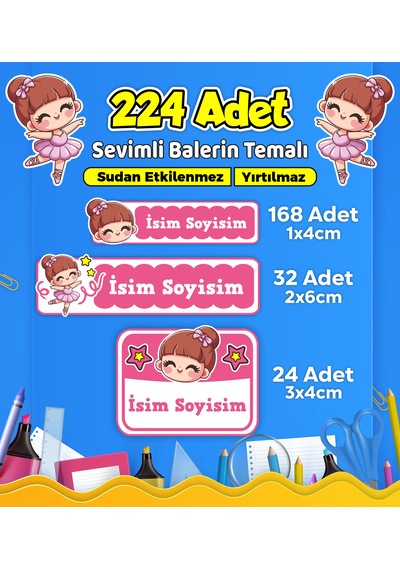 Sevimli Balerin Temalı Okul Kreş Kişiye Özel İsim Etiket Seti - Model 452 Çok Renkli