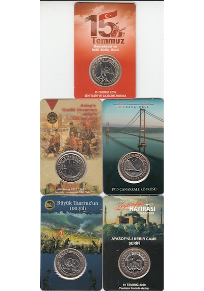 5''li Hatıra 1 Lira Para Kiti Seti, Ayasofya, Antep, Çanakkale, 15 Temmuz, Büyük Taaruz "çil"