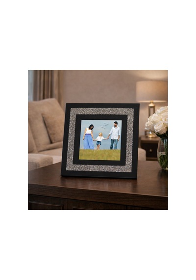 Kişiye Özel Fotoğraflı Kare Çerçeve 20x20 Cm Siyah Kumaş & Taşlı Tasarım
