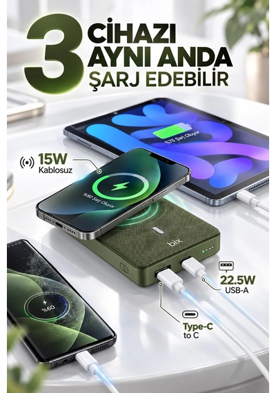 Exenar - Yeşil - 10000mah Standlı Pd20w Type-c - Usb-a Scp22.5w - 15w Kablosuz Hızlı Şarj Led Göstergeli Powerbank Haki Yeşil Exenar - Yeşil - 10000mah Standlı Pd20w Type-c - Usb-a Scp22.5w - 15w Kablosuz Hızlı Şarj Led Göstergeli Powerbank Haki Yeşil