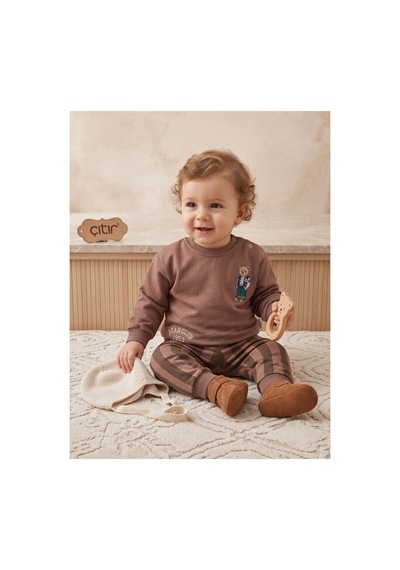 Çıtırkids Erkek Bebek Ayıcık Nakışlı Çizgili İki İplik Pamuklu Sweatshirt Alt Üst Takım Kahverengi