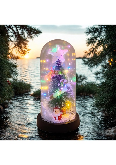 Yılbaşı Temalı Işıklı Cam Fanus Noel Ağacı Dekoru 21x11 Cm 01