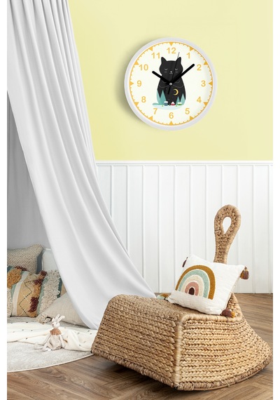 Sevimli Kedi Temalı Modern Duvar Saati - 25cm - Önü Camlı Beyaz Kasa - Sessiz Mekanizma-jh0100 Beyaz