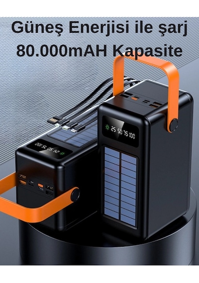 80.000 Mah Solar Powerbank Güneş Enerjili Taşınabilir Şarj Cihazı Hızlı Şarj & Çoklu Çıkış Siyah
