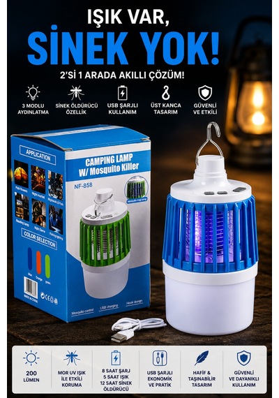 Şarjlı Usb'li Sinek Öldürücü Kamp Feneri 3 Modlu Led Kamp Lambası Taşınabilir Acil Aydınlatma