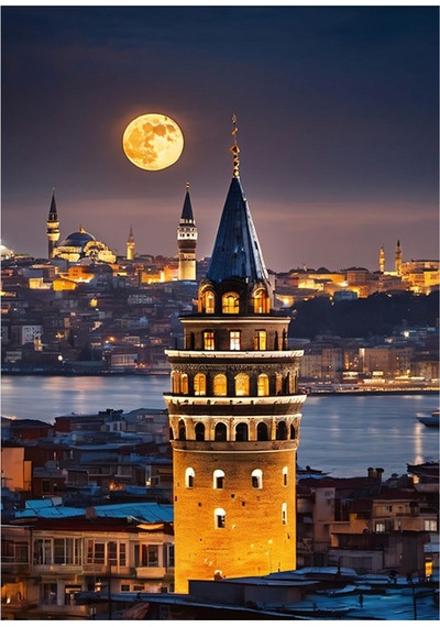 Galata Kulesi Ve Ay Dekoratif Ahşap Tablo 35cm X50cm