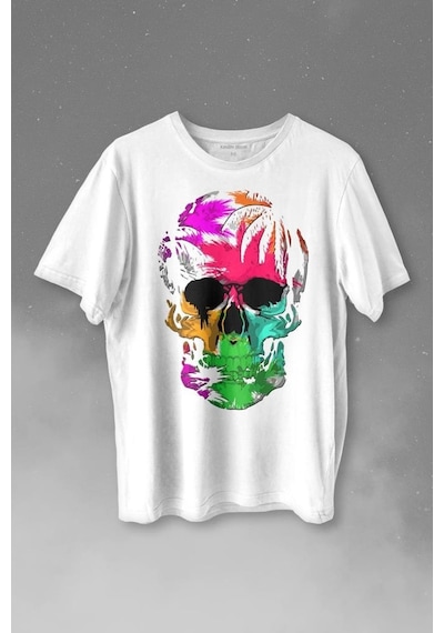 Rengarenk Kafatası Skull Head Gökkuşağı Renkleri Baskılı Tişört Unisex T-shirt 001