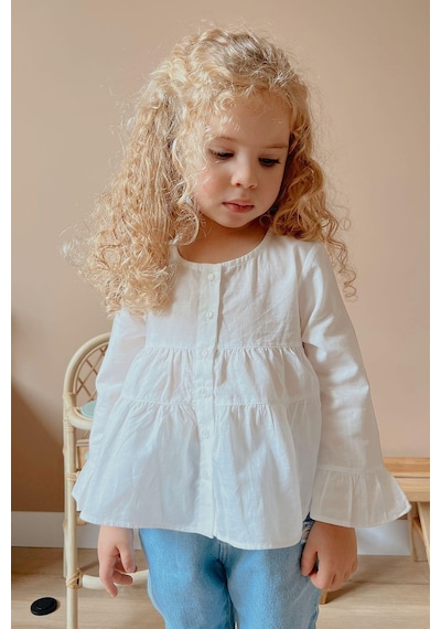 Oliventhekid Beyaz Vual Önden Düğmeli Robadan Büzgülü Kol Ucu Fırfırlı Kız Çocuk Gömlek Beyaz Beyaz