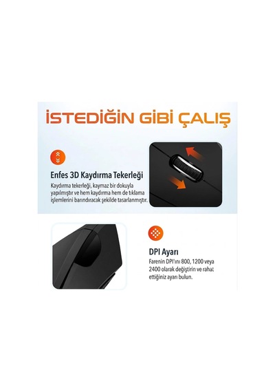 2.4g Dikey Ergonomik Kablosuz Optik Mouse - 800/1200/1600 Dpı - Siyah