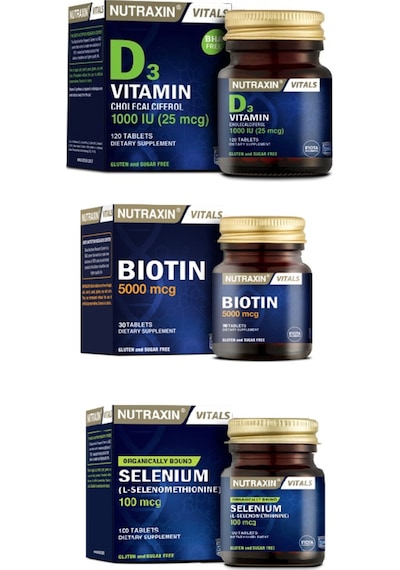 Nutraxin Vitals Biotin 5000 Mcg 30 Tablet+ Selenium 100 Mcg 100 Tablet+ D3 Vitamini 120 Tablet