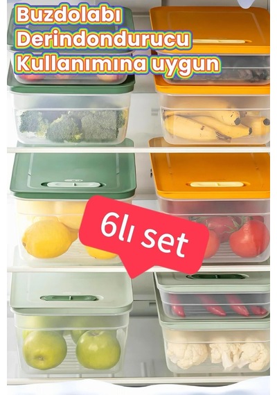 Buzdolabı Saklama Kabı 6'lı Set 2 2,5-3,8-5 Lt Renkli Kiltli Ka