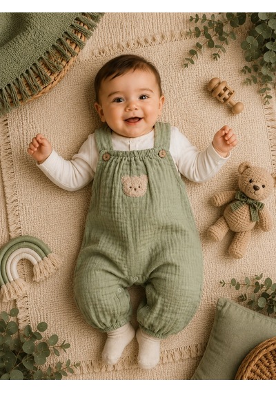 Mnk Baby & Kids Ayıcık Detaylı %100 Pamuk Müslin Erkek Bebek Tulum M00847 Yesil
