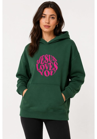 Herkesemoda Jesus Love Baskılı Kapüşonlu 2 İplik Şardonlu Sweatshirt Mavi