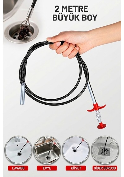 2 Metre Kıskaçlı Lavabo Açma Teli Tıkalı Banyo Lavabo Deliği Gider Boru Açma Teli 4 Kıskaçlı