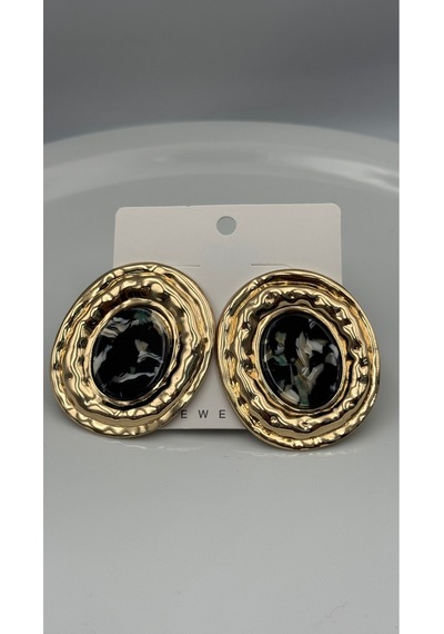 Gold Plaka Oval Taşlı Küpe Altın