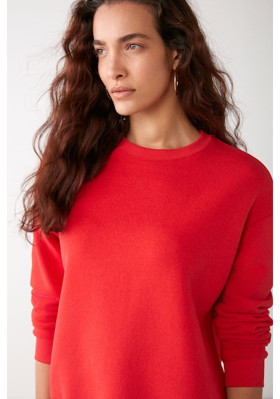 Grimelange Vaneltına  Kadın Içi Polarlı 3 Iplik Organik Pamuk Oversize Basic Bisiklet Yaka Kırmızı Sweatshirt