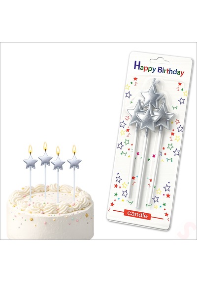 Çubuklu Metalik Gümüş Yıldız Mum - 14 Cm X 4 Adet