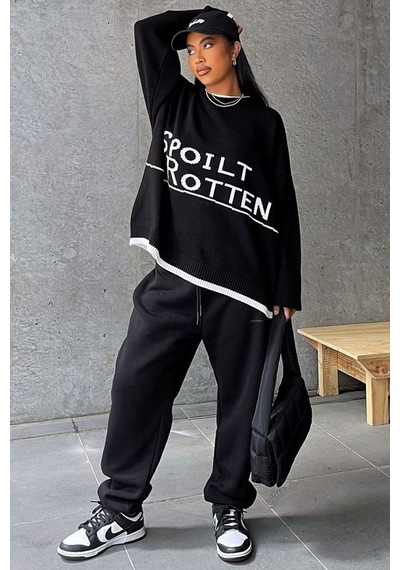 Madmext Siyah Yazılı Oversize Bisiklet Yaka Kadın Kazak Mg1596 - Siyah