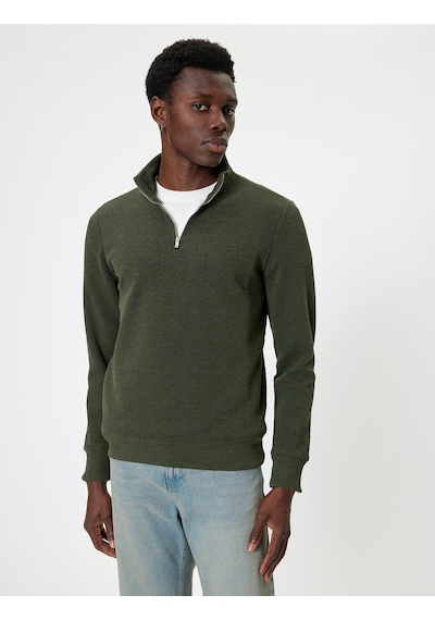 Koton Yarım Fermuarlı Sweatshirt Uzun Kollu Dokulu Pamuk Karışımlı Haki 5wam70041mk Haki