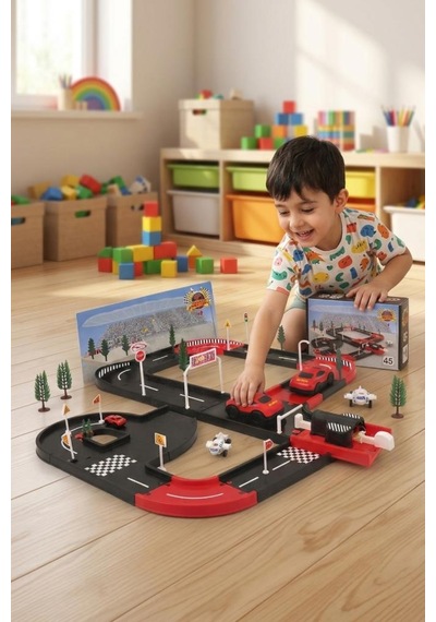 45 Parça 2 Taşıtlı Çek-bırak Fırlatıcılı Eğlenceli Yol Seti Dıy Oyuncak Turbo Yarış Pisti 1