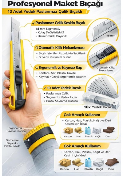 Tr Profesyonel Maket Bıçağı, 10 Adet Yedek Paslanmaz Çelik Bıçaklı, 18 Mm Segmentli, Ergonomik Kaymaz Sarı Sap,