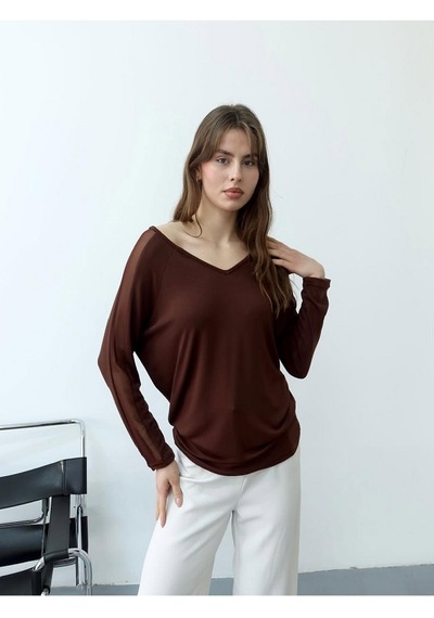 Mirve Butik Kolları Tül, Sırtı Parlak Taşlı Bluz Kahverengi