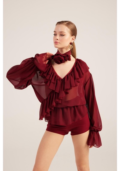 Holly Lolly Fırfırlı Güllü Choker Aksesuarlı Şifon Sassy Gömlek Bordo