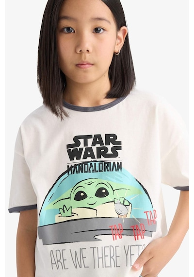 DeFacto Kız Çocuk Star Wars-Mandalorian Relax Fit Bisiklet Yaka Ribana Kısa Kollu Tişört E0478A825SPER99 Ekru