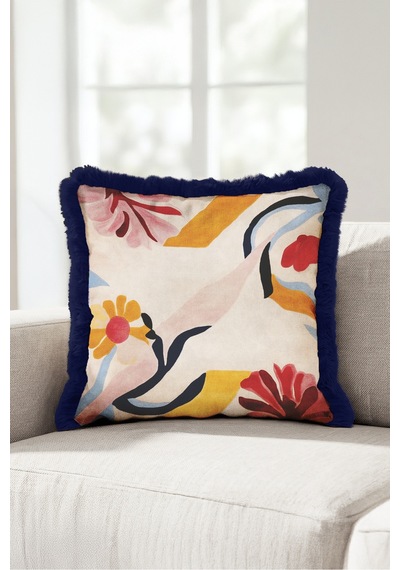 Soyut Çiçek Desenli Floral Saçaklı Yastık Kılıfı-sanatsal Boho Krem Lacivert Püsküllü Kırlent Kılıfı Haki
