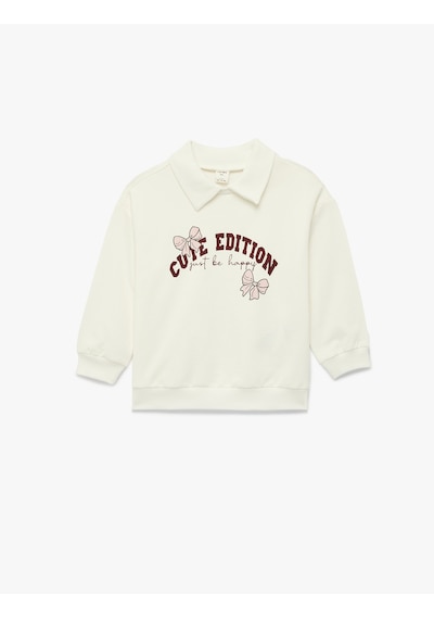 Koton Pamuklu Fiyonk Baskılı Şardonlu Uzun Kollu Polo Yaka Sweatshirt Ekru 6smg10063ak Ekru