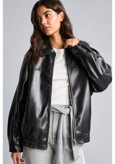 Defacto Su İtici Dad Fit Polo Yaka Beli Lastikli Fermuarlı Suni Deri Mont H1870ax26aubk27 Siyah-bk27