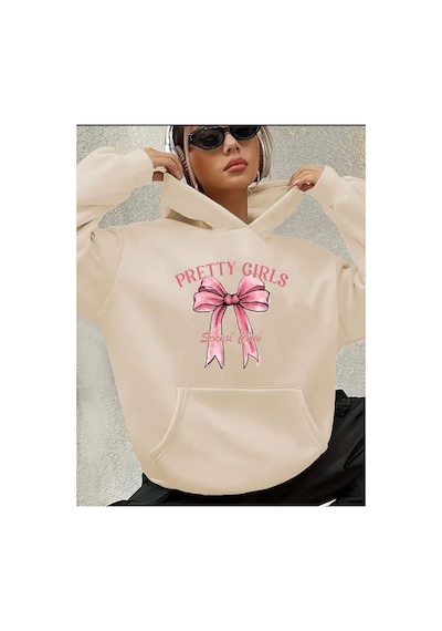 Herkesemoda Pertty Gırls Yazı Detay Baskılı İçi Polarlı Kapüşonlu Sweatshirt Bej