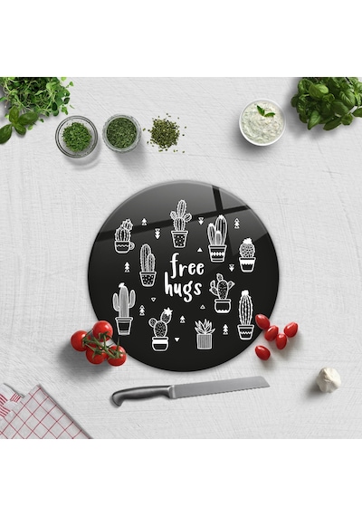 Decorita Cam Kesme Tahtası | Free Hugs - Siyah Fon | Çap32