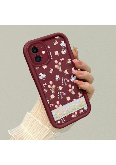 Apple iPhone 11 Uyumlu Darbeye Dayanıklı Kamera Korumalı  Bordo Silikon Baskı Desenli  Kılıf