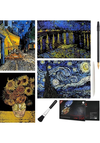 Scratch Art Tablo 4 Parça Vincent Van Gogh Çizik Gökkuşağı Kağıt Seti Yetişkinler Ve Çocuklar İçin, Kendin Ya