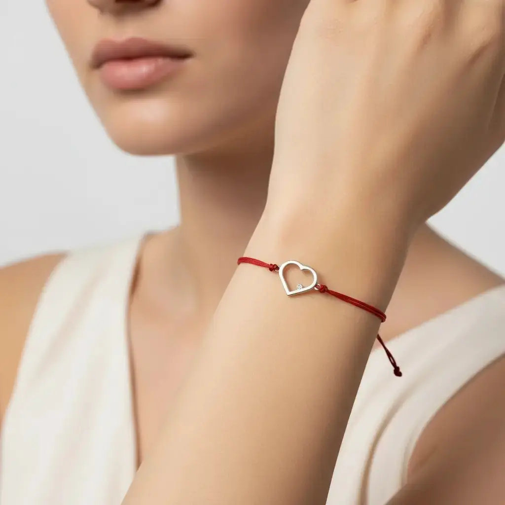 G&a Jewels - Kalp - 925 Ayar Gümüş 0.01ct Pırlanta Taşlı Kırmızı İpli Bileklik Gümüş - Kırmızı