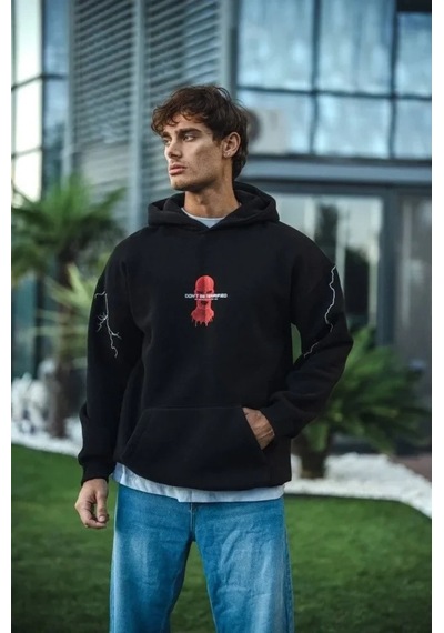 Vexor Üç İplik Kapüşonlu Baskılı Oversize Sweatshirt- Siyah