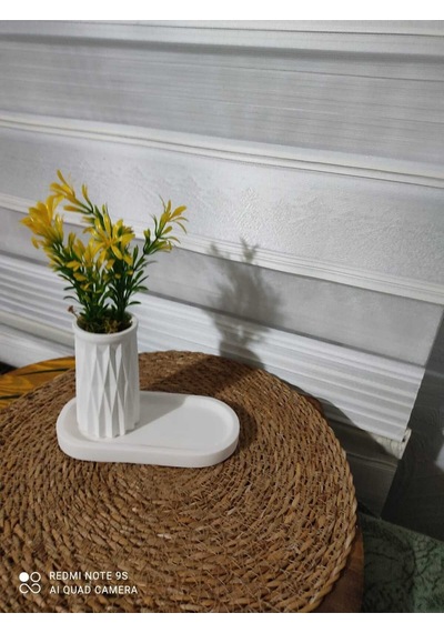 Mini Desenli Beton Saksı Tekli Ve Oval Tabak - Yapay Çiçek Hediyeli - Sarı