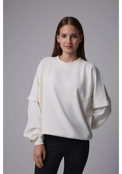 Defys Kadın Bisiklet Yaka Kol Detaylı Oversize Fit Basic Sweatshirt Ekru - 598314741 Ekru