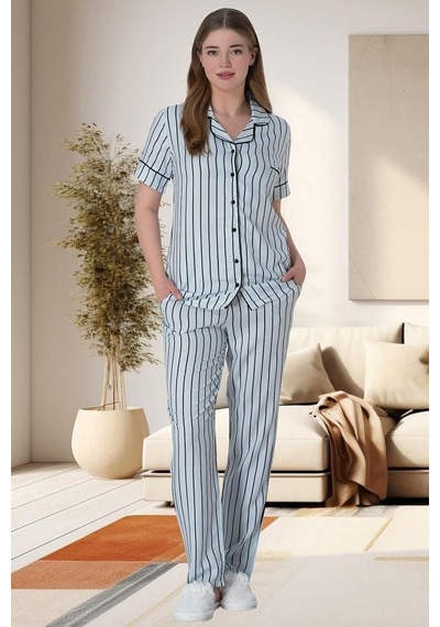 Mecit Pijama Mecit 6016 Mavi Çizgili Boydan Düğmeli Kadın Pijama Takımı 001