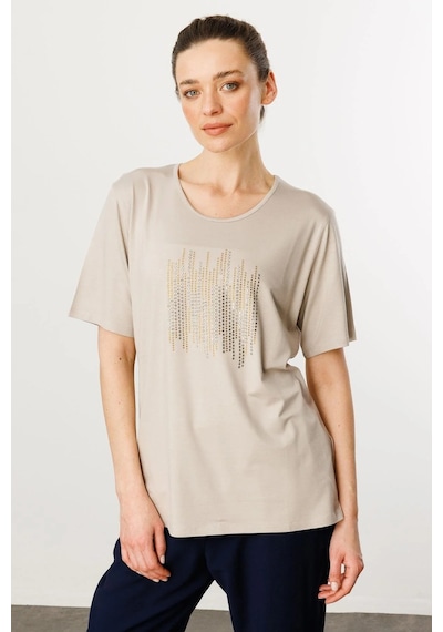 Desen Triko Sıfır Yaka Taş Baskılı Penye Kadın T-shirt 25769 Bej